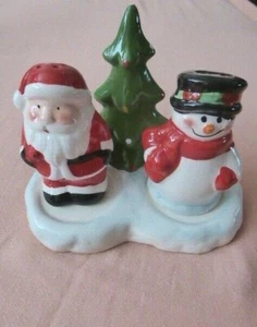 Christmas Holiday Salt & Pepper Shaker Set Santa Snowman w/ Tree Stand - Picture 1 of 6
