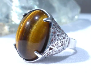 Solid Silver Tigers Eye Ring UK Hallmark 1975 Maker Magnus Maximus Size Q Boxed - Picture 1 of 19