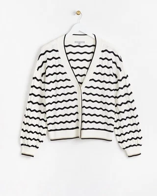 Oliver Bonas Womens White V-Neck Striped Long sleeved Cardigan - Image 1 of 4