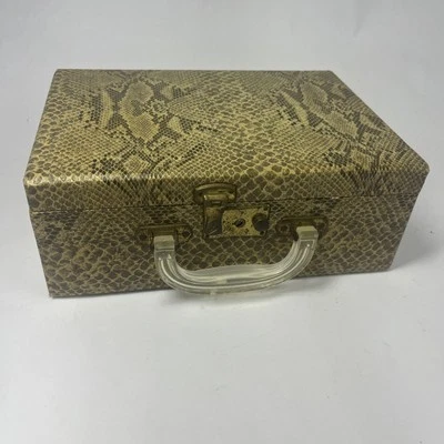 Vintage Faux Snakeskin 11.5" Case Lucite Handle Green Moire Lining 11" Mirror - Image 1 of 4