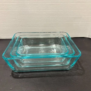 Pyrex Vintage Glass Bakeware Set Aqua Tint Nesting Oven Dishes 3 Pc - Picture 1 of 12