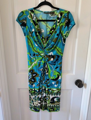 VETEMENTS BARAMI abito donna vintage in jersey stampa VERDE BLU MULTI taglia 6