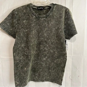 Love 83 Womens Green Acid Washed Ribbed Crewneck Short Sleeve T-Shirt - Picture 1 of 12