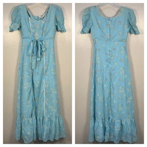Maxi Vestido De Colección Años 70 Montgomery Ward Prairie Cottage Core Punto Suizo Corbata Volantes 7/8 - Imagen 1 de 16
