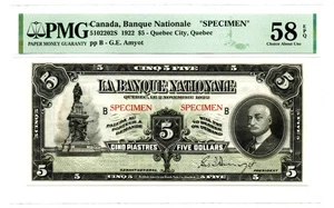 Canada Quebec City, PQ- Banque Nationale 1922 SPECIMEN PMG Ch. AU 58 EPQ - Picture 1 of 2