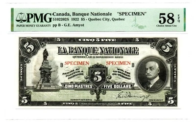 Canada Quebec City, PQ- Banque Nationale $5 1922 SPECIMEN PMG Ch. AU 58 EPQ - Image 1 of 2
