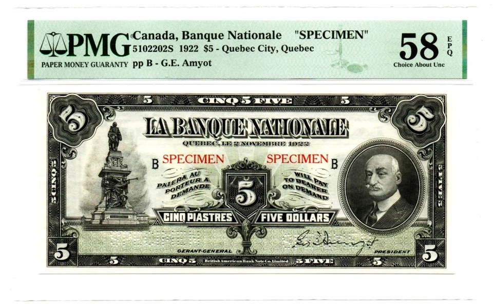 Canada Quebec City, PQ- Banque Nationale 1922 SPECIMEN PMG Ch. AU 58 EPQ - Image 1 of 2