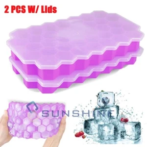 2 Stück Silikon Eiswürfel Kugel Maschine Tablett 37-Gitter Sechseckige Form Formen Bar mit Deckel - Bild 1 von 16