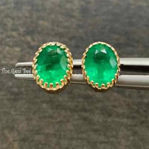 3.16CT 14k Solid Yellow Gold Natural Oval Gem Emerald Ear Studs Posts PAIR - Picture 1 of 4