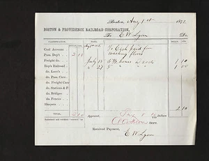 Boston & Providence Railroad 1872 document signed by Albert A. Folsom & E W Lyon - Picture 1 of 1