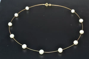 14K YELLOW GOLD GENUINE 7 MM PEARL STATION NECKLACE 16 INCHES LONG - Picture 1 of 4