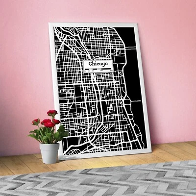 Chicago, Hand Drawn City Map Poster — Black White Modern Urban Art - Image 1 of 4