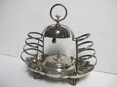 MUY RARO ESTANTE PARA TOSTADAS VINTAGE 1873 SilverPlate con plato de mantequilla y campana Foto 1 de 4