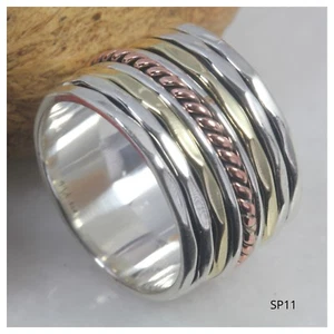 Anillo de meditación giratorio banda boho pesada banda boho ancho trenza martillada de plata esterlina - Imagen 1 de 5