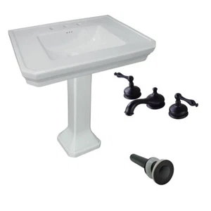White Large Vitreous Victorian Pedestal Sink with Widespread Black Belle Faucet - Picture 1 of 7