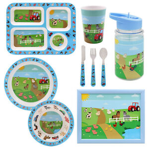 Kids Farm Animals Cutlery Dinner Set Mealtime Tableware Plastic Plates Bowl Cup