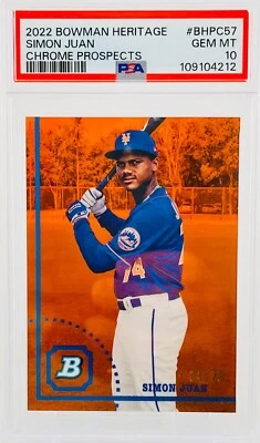 2022 Bowman Heritage Simon Juan Orange Refractor /25 PSA 10 RC New York Mets - Image 1 of 2