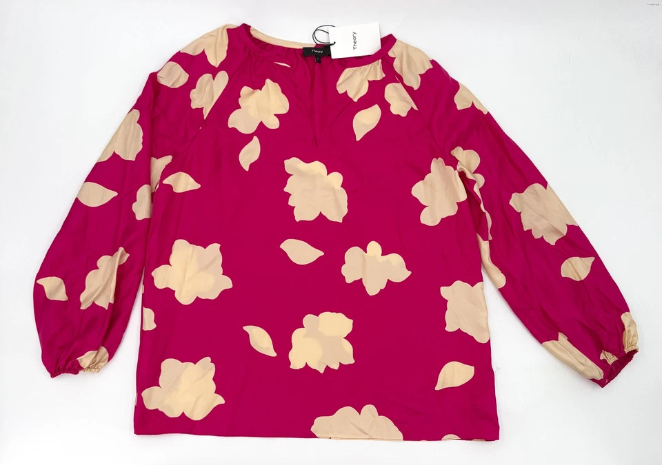 Nueva Camisa Theory Mujer Grande Rosa Floral 100% Seda Blusa Manga Larga Cuello en V Foto 1 de 4