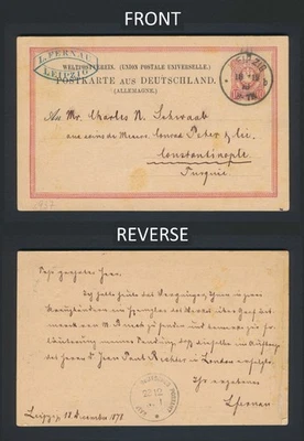 1878 GERMANY TO TURKEY POSTCARD, 10pf w RARE GALATA KAISERLICH PMK SORTER - Image 1 of 4