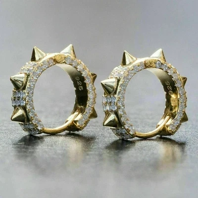 14K Yellow Gold Plated 2.00 Ct Round Cut Moissanite Men's Hoop Hip Hop Earrings - Image 1 of 3