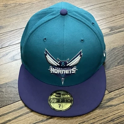 New Era Charlotte Hornets Fitted NBA Basketball Hat 7 1/2 Ball Turquoise Purple - Image 1 of 4