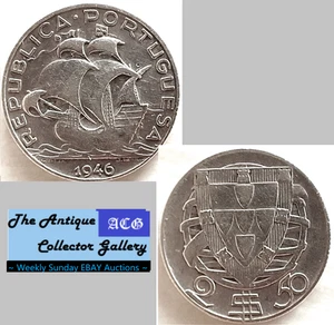 Vintage 1946 Silver⌛Portugal 2 1/2 Escudos🪙Sailing Ship/Shield&Globe 🪙KM580🪙 - Picture 1 of 6