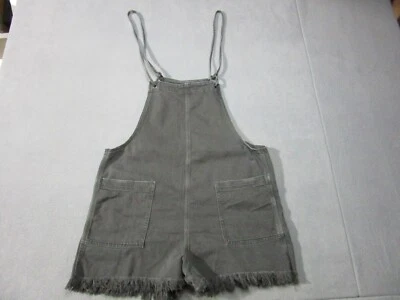 Aerie Shortalls Womens Large Gray Denim Stretch Adjustable Strap Pockets Raw Hem - Image 1 of 4