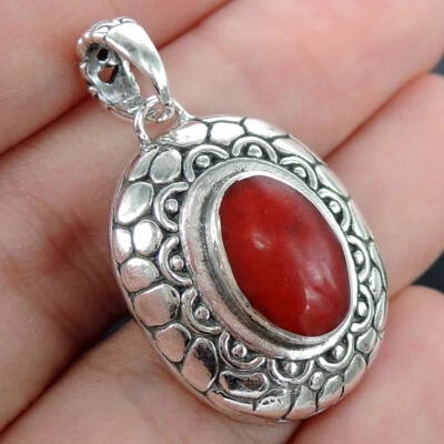 925 Sterling Silver Oval Shape Natural Red Coral Pendant Handcrafted Jewellery - Image 1 of 4