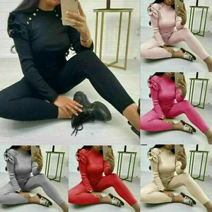 Women Ladies Fine Ribbed Frill Peplum Gold Button Loungewear Suit Tracksuit Set - Picture 1 of 15