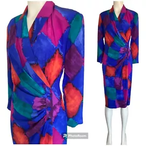 Louis Feraud Vintage 100% Silk Watercolor Diamond Pattern Wrap Dress, Size 8 US - Picture 1 of 12