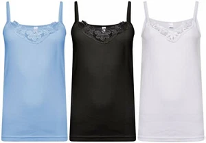 3 Damen Uni Stretch Baumwolle Trägertop Spitzenbesatz Camisole Tank Top Pack 3 Farben - Bild 1 von 4
