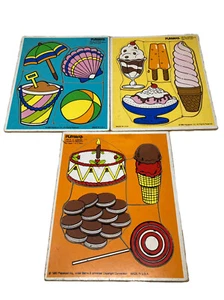 Vintage Playskool Board Wood Wooden Puzzle Lot of 3 BEACH - DESSERT - ICE CREAM - Picture 1 of 4