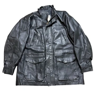 Retro 80s John Ashford Black Leather Jacket Mens Size XL Mid Length Coat VTG - Picture 1 of 21