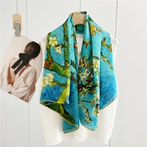 Mulberry Silk Wrap Shawl Bandanna Shawl Flowers Print Square Scarf 43" Turquoise - Picture 1 of 12