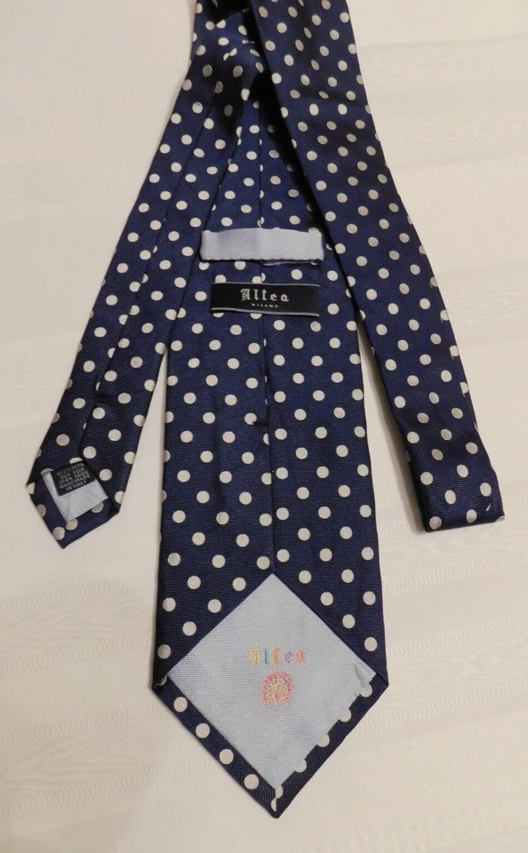 ALLEA MILANO Silver Dot / Navy Silk Tie, Handmade In Italy, A+ Condition - Image 1 of 4