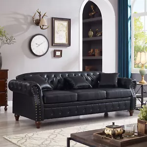 85.8" Chesterfield Sofa Faux Leather Upholstered 3Seater Rolled Arm Tufted Black - Picture 1 of 12