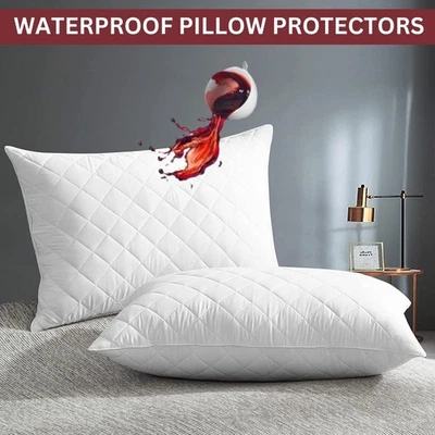 Quilted Waterproof Pillow Protector Pack of 2 Zipped Pillow Protector Cover Soft - Image 1 of 4