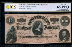 AC T-65 $100 1864 Confederate CSA PCGS 65 PPQ .. Lucy Pickens - Picture 1 of 2