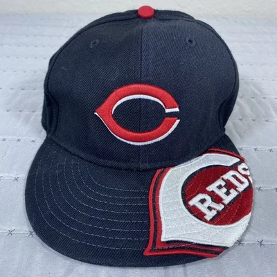 VTG New Era 59FIFTY Cincinnati Reds Fitted Hat 7 7/8 Big Logo Patch Black Red - Image 1 of 4