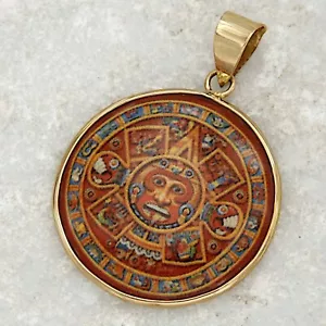Anhänger aus Echt Gelb GOLD 585 14k Maya Azteken Inka Sonne Kalendar Medaille - Bild 1 von 7