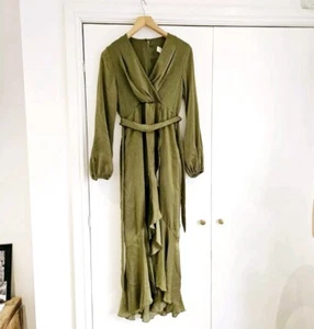 Olive Green Satin Look Flounce Maternity Formal Wedding Guest Dress Tie Waist - Picture 1 of 10