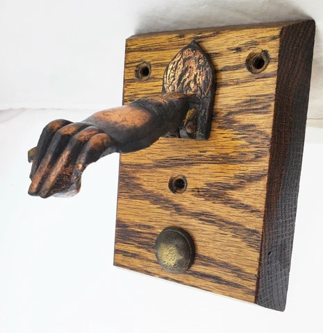Vtg Mounted Metal Victorian Lady's Hand Door Knocker with Ball Striker Plate Cover