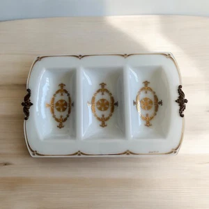 Vintage Georges Briard Milk Glass Divided Tray Gold Trim Brass Handles 20"x13" - Picture 1 of 20