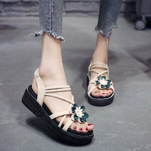 Summer Womens Bohemia Beach Shoes Cross Strap Gladiator Flower Sandals Flats