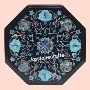 12" Display Black Marble Pietra Dura Inlay End Table Top Octagon Malachite stone - Picture 1 of 9
