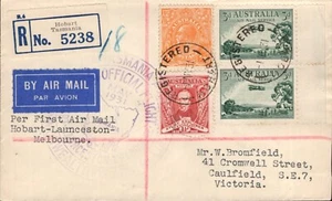 1931 Australia Hobart To Melbourne Reg First Flight Cachet Reg 4 Stamp Cover VGC - Bild 1 von 1