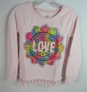 JUSTICE GIRLS "LOVE" PINK SWEATSHIRT LACE HEM SZ 10 EUC DH804 - Picture 1 of 3