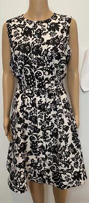 OSCAR DE LA RENTA Vestido Floral Blanco y Negro Botón Delantero Con Cinturón TALLA 8 Foto 1 de 4
