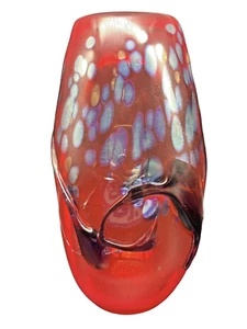 Ann Corcoran 1998 Red Iridescent Applied Decoration 8" Art Glass Vase Signed - Picture 1 of 10