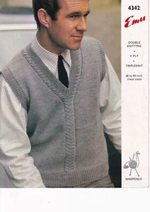 Emu Knitting Pattern 4342 -  Mens Vest in 3 Yarn Weights - VGC - Picture 1 of 2